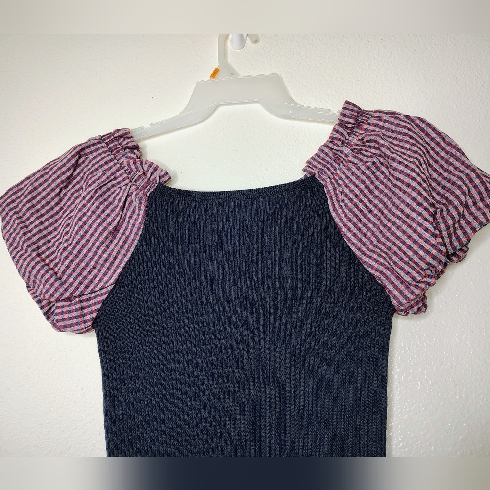 Maeve By Anthropologie PuffSleeved Navy Blue and Striped Button Front Dress Sz S - Picture 13 of 16